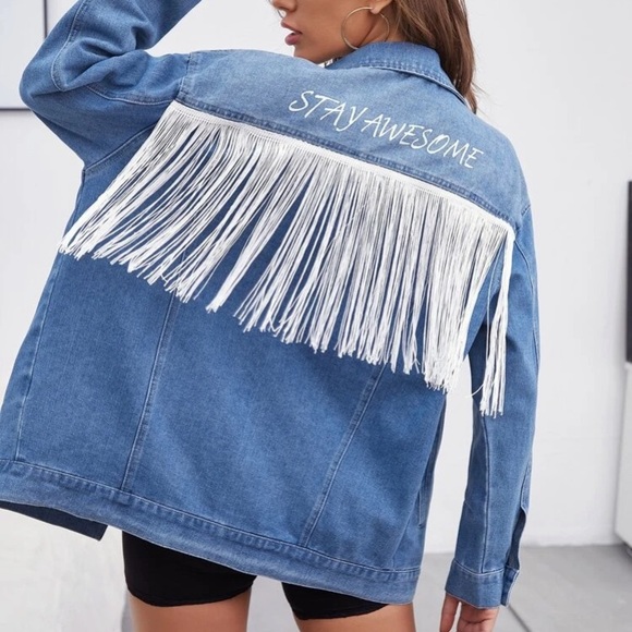 FRINGE DENIM JACKET WITH “STAY AWESOME” - Picture 1 of 5